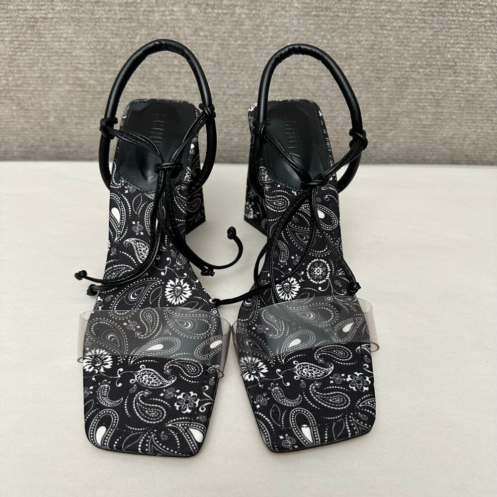 Schutz Mayla Paisley Block Heel Sandals Black White Lace Up Clear Strap 9B NIB - Picture 2 of 9